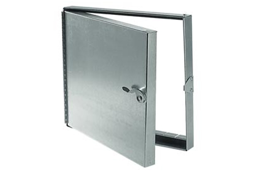 Fire rated access door options include upward swinging or inward opening doors, self-latching or automatically closing latches, automatic or manual panel releases, and piano hinges that open a full 180 degrees for greater range of motion.